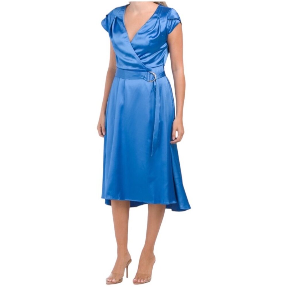 Tahari ASL NWT Womens Satin Midi Wrap Dress, Cap Sleeves Royal Blue Size 8